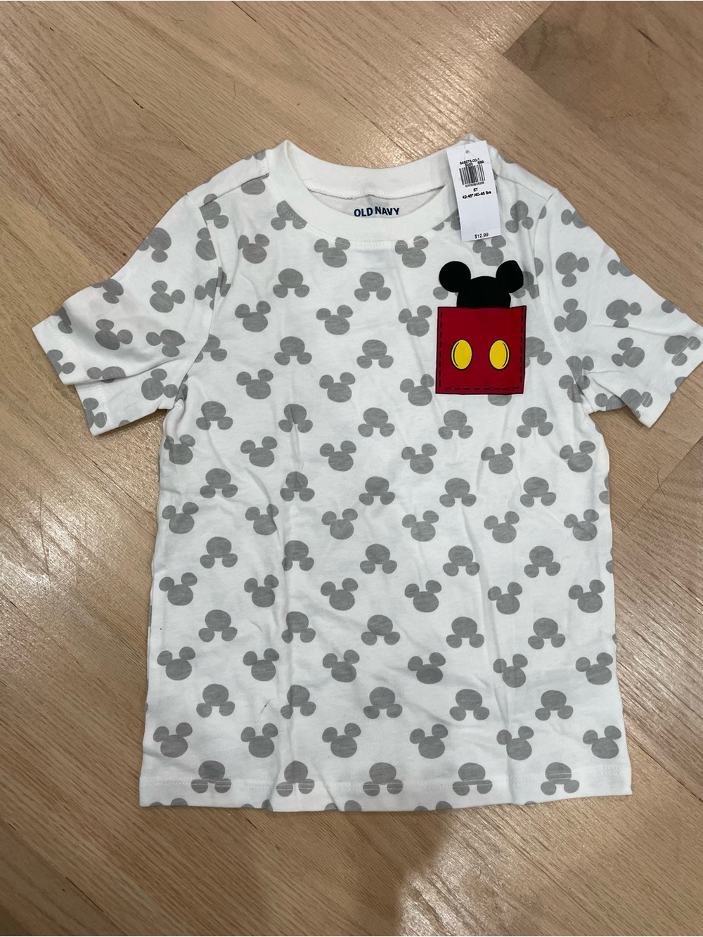 Old Navy White Tee with Gray Mickey Print and Red Pocket